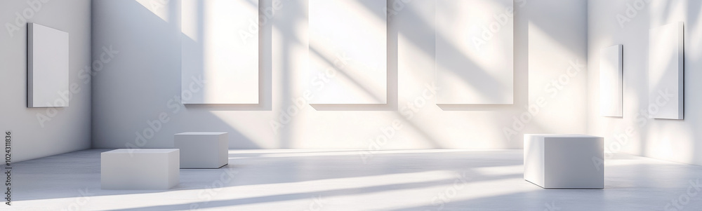 Obraz premium A bright and spacious art gallery featuring empty white walls and minimalist display cubes, creating serene atmosphere for artistic expression