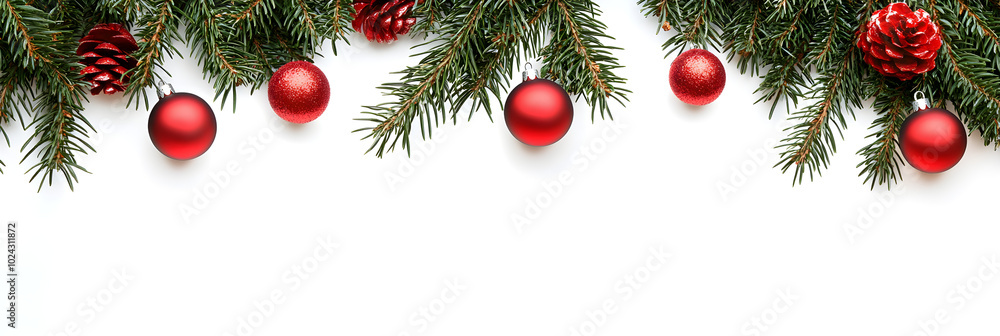 Pine branches with red ornaments create festive atmosphere for holidays Pine branches with red ornaments create festive atmosphere for holidays