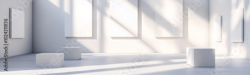 Wallpaper Mural A bright and spacious art gallery featuring empty white walls and minimalist display cubes, creating serene atmosphere for artistic expression Torontodigital.ca