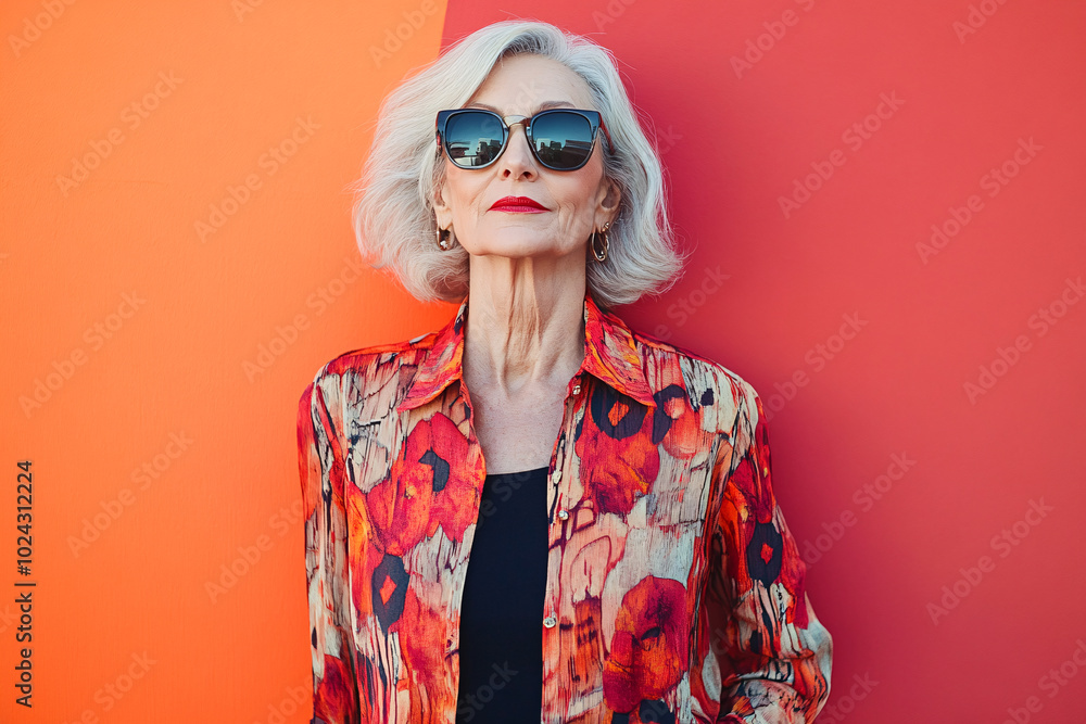 lady above 70 years old on red background with copy space lady above 70 years old on red background with copy space