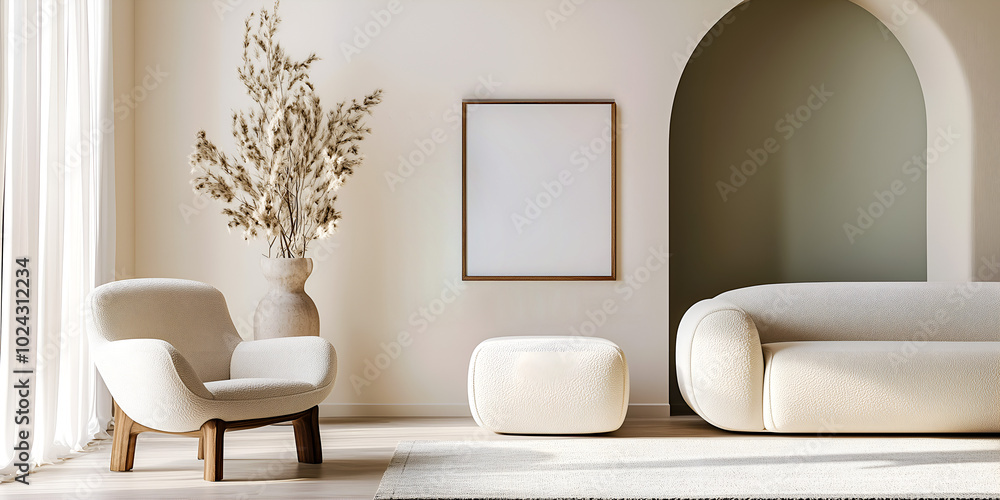 White armchair and sofa with pampas grass in vase in modern living room, blank white empty frame on white wall White armchair and sofa with pampas grass in vase in modern living room, blank white empty frame on white wall