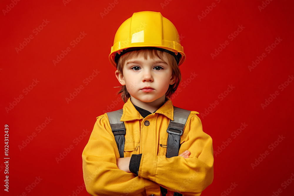 little boy in builder clothes on red background little boy in builder clothes on red background