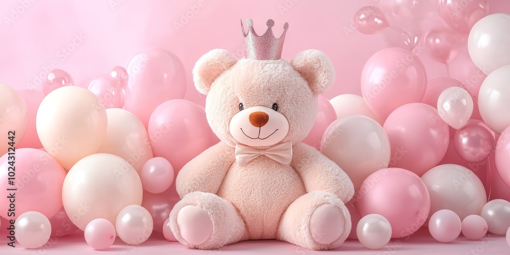 Adorable pink teddy bear wearing a crown among soft balloons in pastel colors. Adorable pink teddy bear wearing a crown among soft balloons in pastel colors.