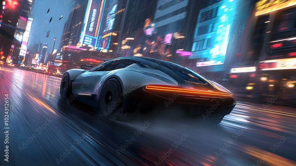 Futuristic high speed car gliding through a neon lit cityscape leaving luminous trails in its wake as it reflects the illuminated skyscrapers surrounding it Futuristic high speed car gliding through a neon lit cityscape leaving luminous trails in its wake as it reflects the illuminated skyscrapers surrounding it