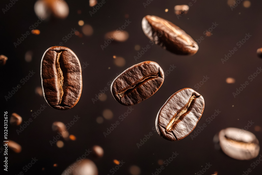 A dynamic shot of roasted coffee beans suspended mid-air, set against a rich A dynamic shot of roasted coffee beans suspended mid-air, set against a rich