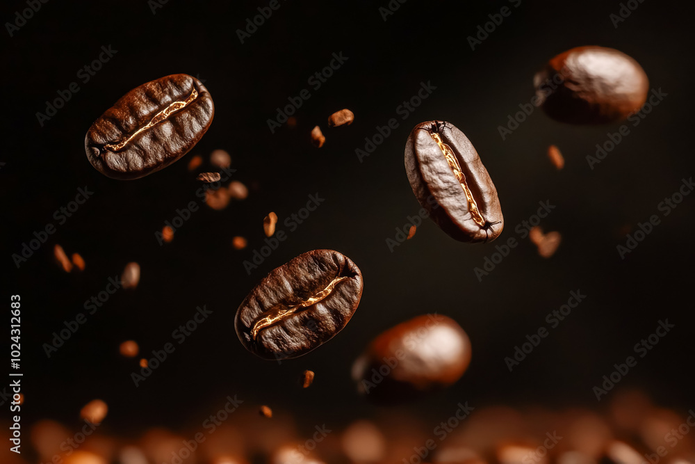 A dynamic shot of roasted coffee beans suspended mid-air, set against a rich A dynamic shot of roasted coffee beans suspended mid-air, set against a rich