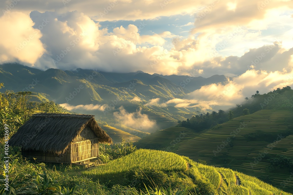 Obraz premium The atmosphere of the rice fields is like terraces and there are small huts that the villagers built for living. There is a beautiful atmosphere in the middle of the valley.
