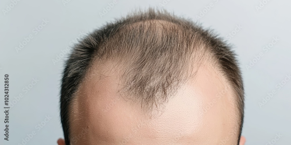 Top view of a young Caucasian man showing hair loss and thinning hairstyle. Top view of a young Caucasian man showing hair loss and thinning hairstyle.