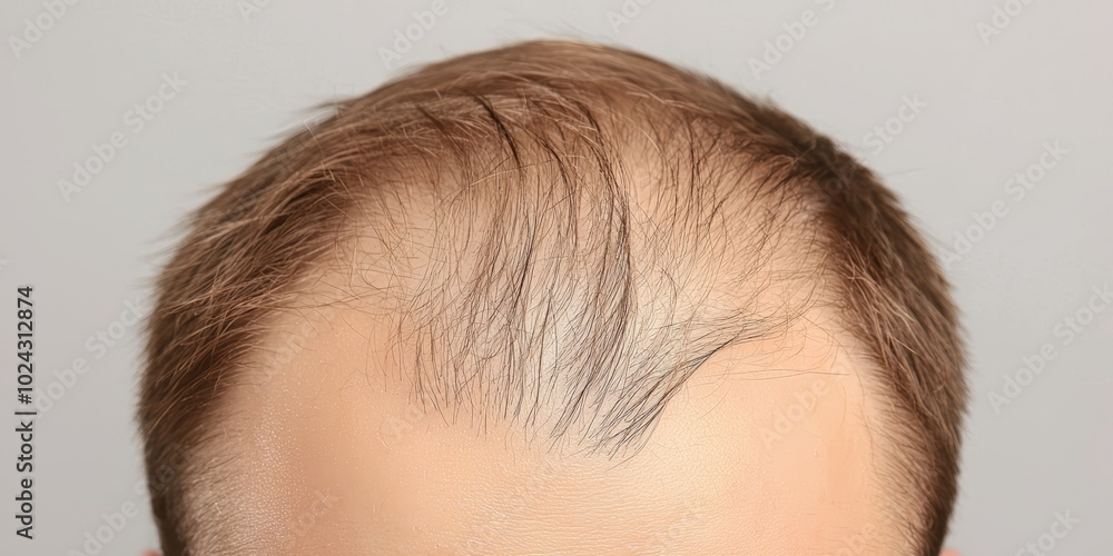 Close-up of a male with light brown hair showing signs of hair thinning. Close-up of a male with light brown hair showing signs of hair thinning.