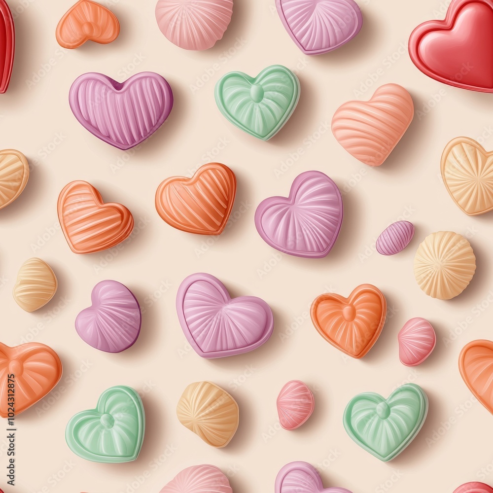 Colorful heart-shaped candies scattered on a soft, neutral background. Colorful heart-shaped candies scattered on a soft, neutral background.