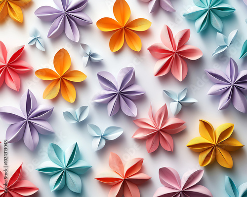 Colorful paper flowers arranged aesthetically on a white background.