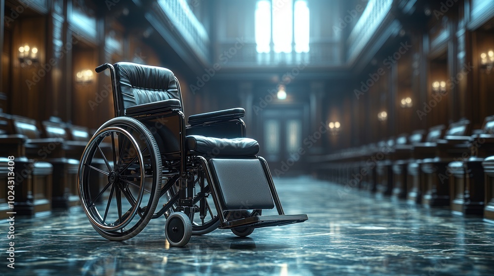 A wheelchair sits in the middle of an empty courtroom, symbolizing justice and access for everyone. A wheelchair sits in the middle of an empty courtroom, symbolizing justice and access for everyone.