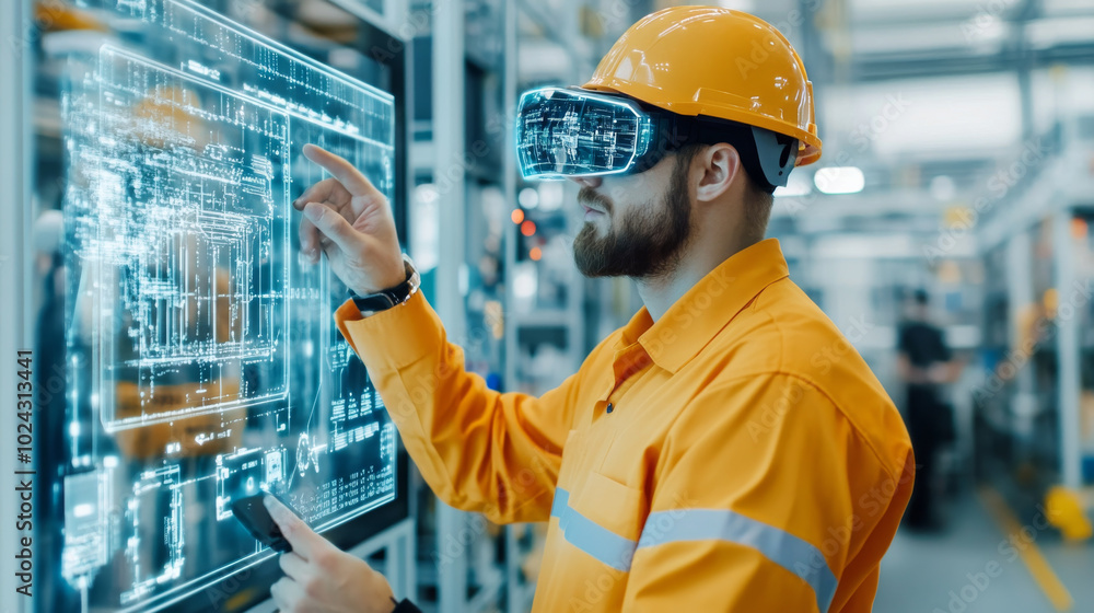 A man wearing virtual reality headset and an orange safety helmet interacts with digital display in modern industrial setting. His focused expression highlights integration of technology in manufactur A man wearing virtual reality headset and an orange safety helmet interacts with digital display in modern industrial setting. His focused expression highlights integration of technology in manufactur
