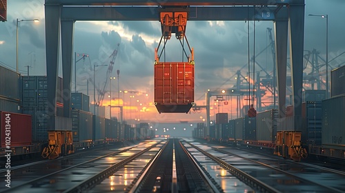 A shipping container is lowered from a train onto a truck trailer that is parked below by a sizable crane. Transport of the container will improve hub logistics operations, Generative AI.