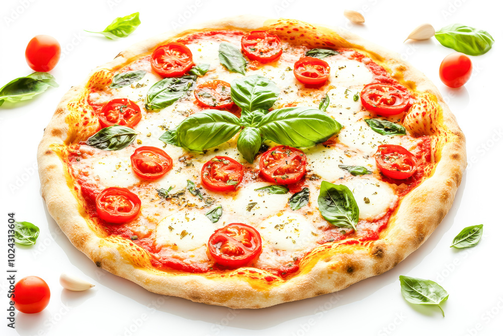 A freshly baked pizza with a golden, crispy crust, topped with vibrant cherry tomatoes A freshly baked pizza with a golden, crispy crust, topped with vibrant cherry tomatoes