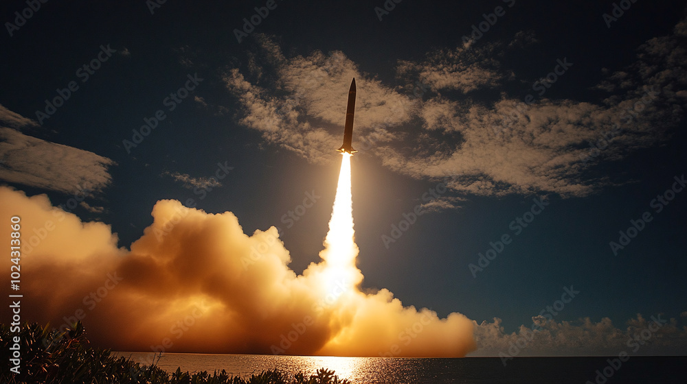 Launch of combat missiles against the evening sky
Launch of combat missiles against the evening sky