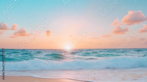 Enchanting 1960s inspired beachside sunset scene with stars sparkling over the dreamy horizon soft pink hued waves rolling in and a touch of fantasy in the air photo