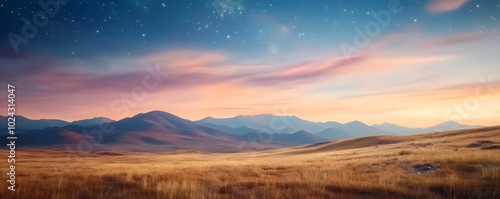 Retro Inspired Desert Dreamscape Under a Starry Night Sky Soft Glowing Hues of Orange and Purple Envelop the Serene Landscape