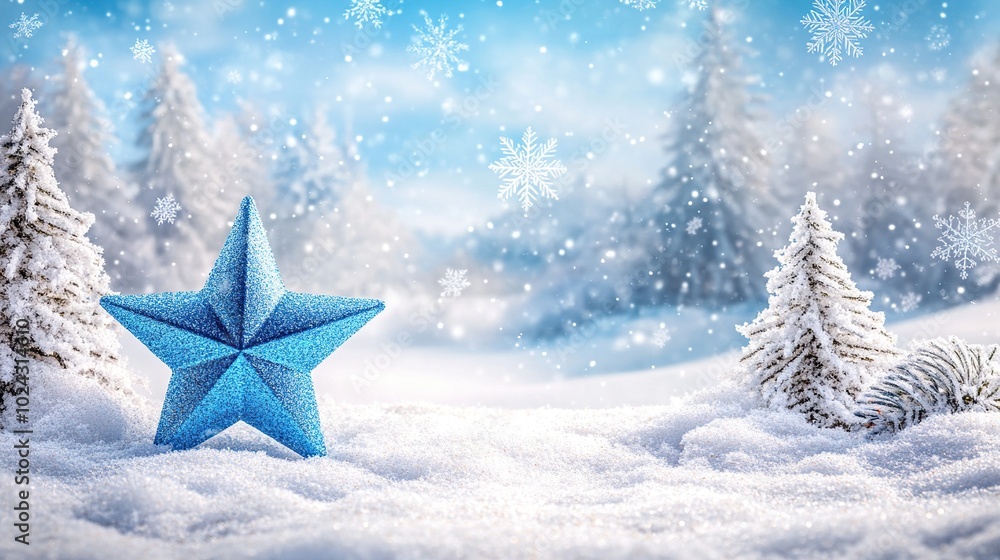 Winter decoration with a blue star and snowflakes on a snowy landscape background Winter decoration with a blue star and snowflakes on a snowy landscape background