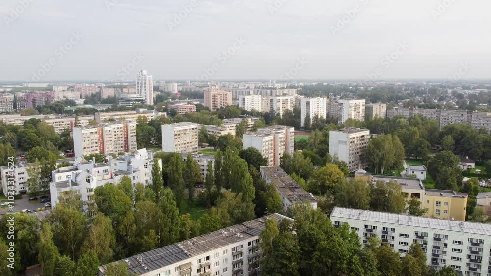 Aerial view of large residential area with green spaces and Soviet-style buildings Aerial view of large residential area with green spaces and Soviet-style buildings