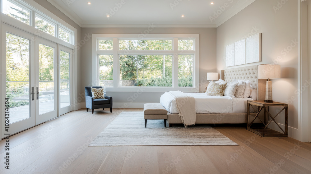 A bright and spacious bedroom featuring large windows that invite natural light, comfortable bed with elegant bedding, and stylish decor elements. serene atmosphere is perfect for relaxation A bright and spacious bedroom featuring large windows that invite natural light, comfortable bed with elegant bedding, and stylish decor elements. serene atmosphere is perfect for relaxation