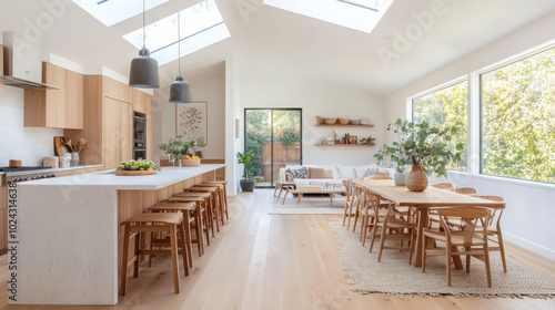 A modern kitchen and dining area featuring spacious layout with natural light, wooden furniture, and greenery. design emphasizes simplicity and warmth, creating welcoming atmosphere