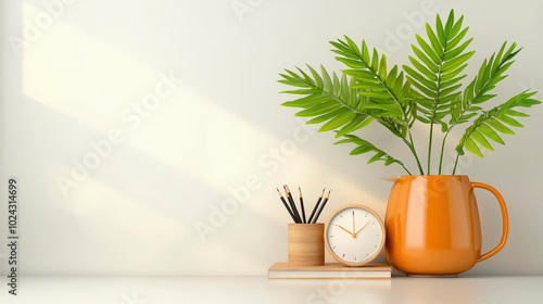 Create a minimalistic and serene workspace that blends productivity and relaxation, featuring time management tools, a stylish clock, and plants that enhance focus and promote efficient work habits.