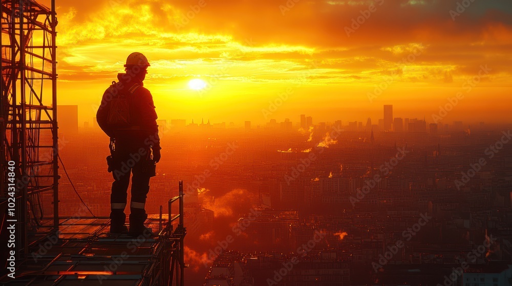 A lone construction worker stands on a scaffolding platform, gazing at the city skyline as the sun sets in a fiery orange sky. A lone construction worker stands on a scaffolding platform, gazing at the city skyline as the sun sets in a fiery orange sky.