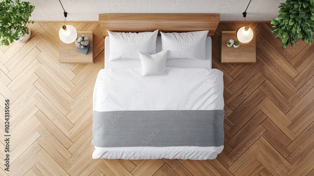 A cozy bedroom featuring neatly made bed with white linens and gray throw blanket. wooden floor and stylish decor create warm and inviting atmosphere A cozy bedroom featuring neatly made bed with white linens and gray throw blanket. wooden floor and stylish decor create warm and inviting atmosphere