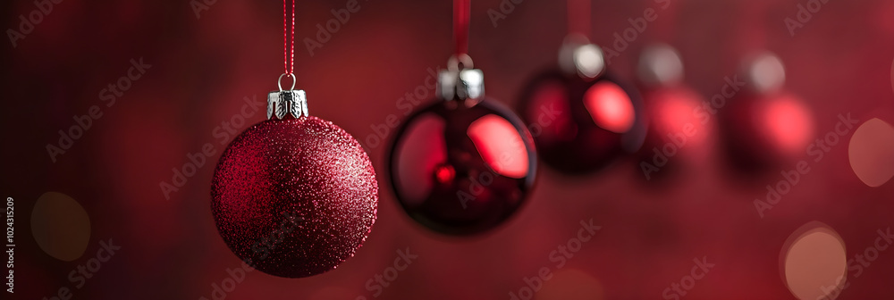 Festive red Christmas ornaments hanging on string create joyful atmosphere Festive red Christmas ornaments hanging on string create joyful atmosphere
