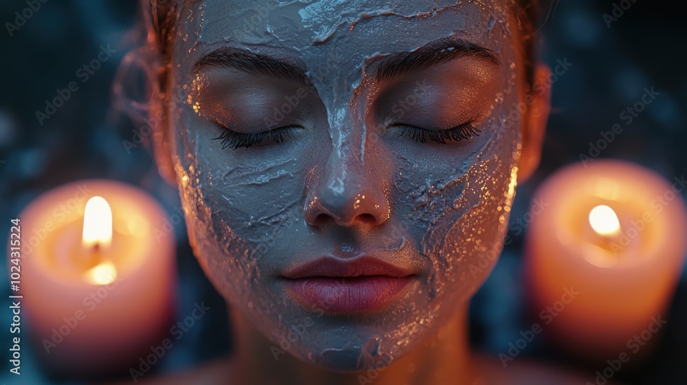 Face covered in pink clay mask, spa-like setting in soft focus, flickering candles, relaxed glow, calming and serene. Face covered in pink clay mask, spa-like setting in soft focus, flickering candles, relaxed glow, calming and serene.