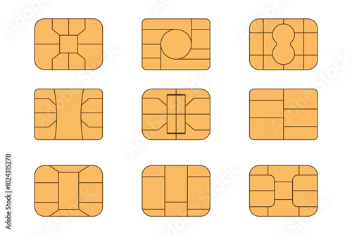 EMV chip icon set. Microchip for bank plastic credit or debit charge or sim card. Digital Nfc technology. Contactless payment at terminals and ATMs