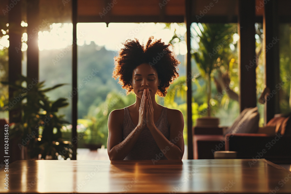 Woman praying to God in modern house Woman praying to God in modern house