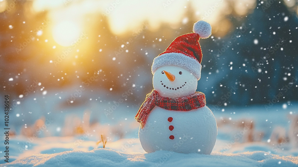 Fototapeta premium A cheerful snowman stands in a snowy landscape during the winter solstice at sunset