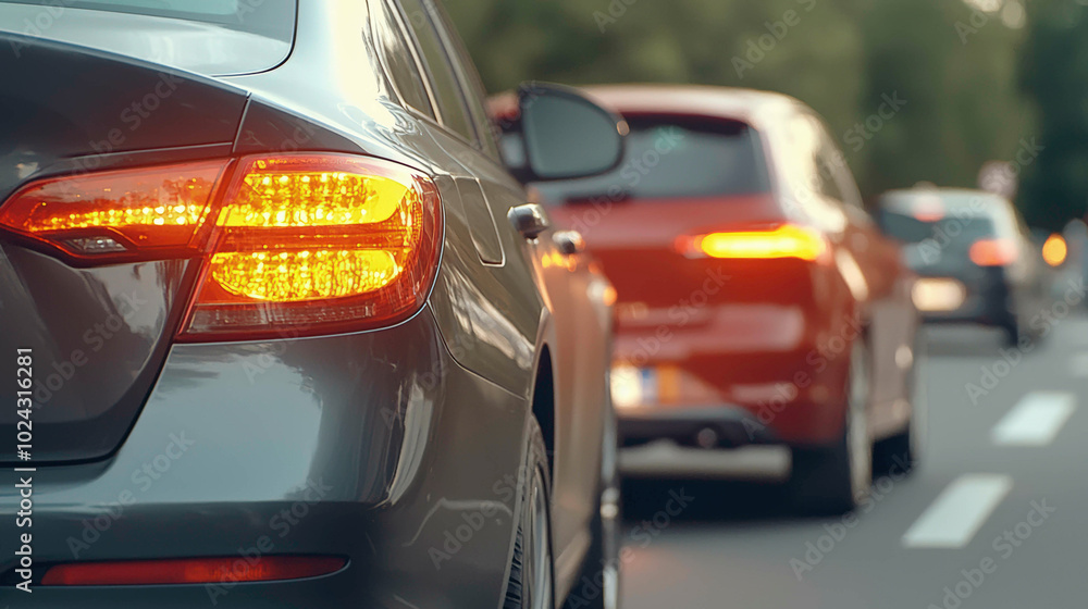 Fototapeta premium A close-up view of cars in traffic, with glowing taillights and turn signals, captures the essence of the evening commute. The smooth road ahead highlights the urban rhythm of the city’s daily flow.