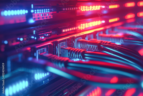 A highly detailed view of brightly lit network cables plugged into a server, glowing red