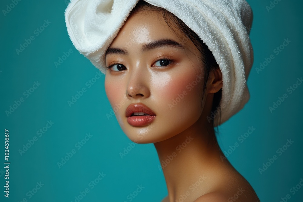 beautiful Asian woman with fresh, clean skin and towel wrapped around her head poses against vibrant blue background, exuding serene and radiant expression beautiful Asian woman with fresh, clean skin and towel wrapped around her head poses against vibrant blue background, exuding serene and radiant expression