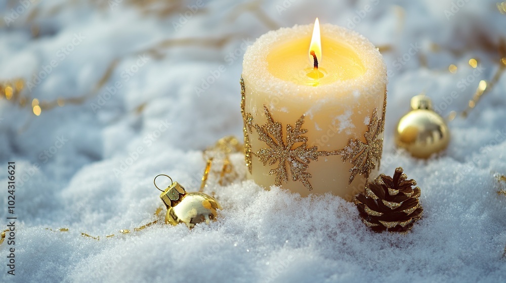 Avent candle and golden decoration isolated on snow background. Christmas decoration and white snow. copy space Avent candle and golden decoration isolated on snow background. Christmas decoration and white snow. copy space