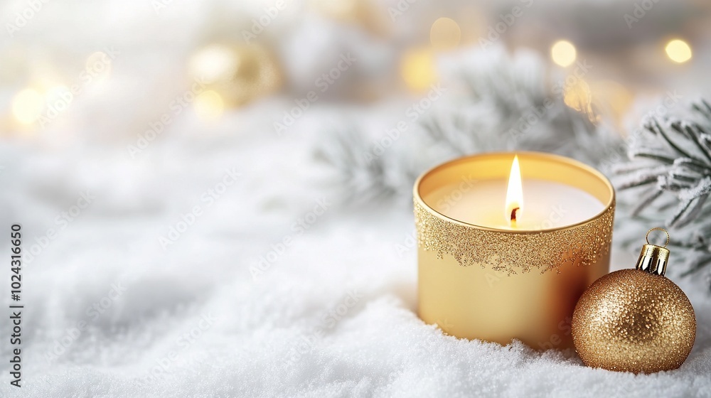 Avent candle and golden decoration isolated on snow background. Christmas decoration and white snow. copy space Avent candle and golden decoration isolated on snow background. Christmas decoration and white snow. copy space