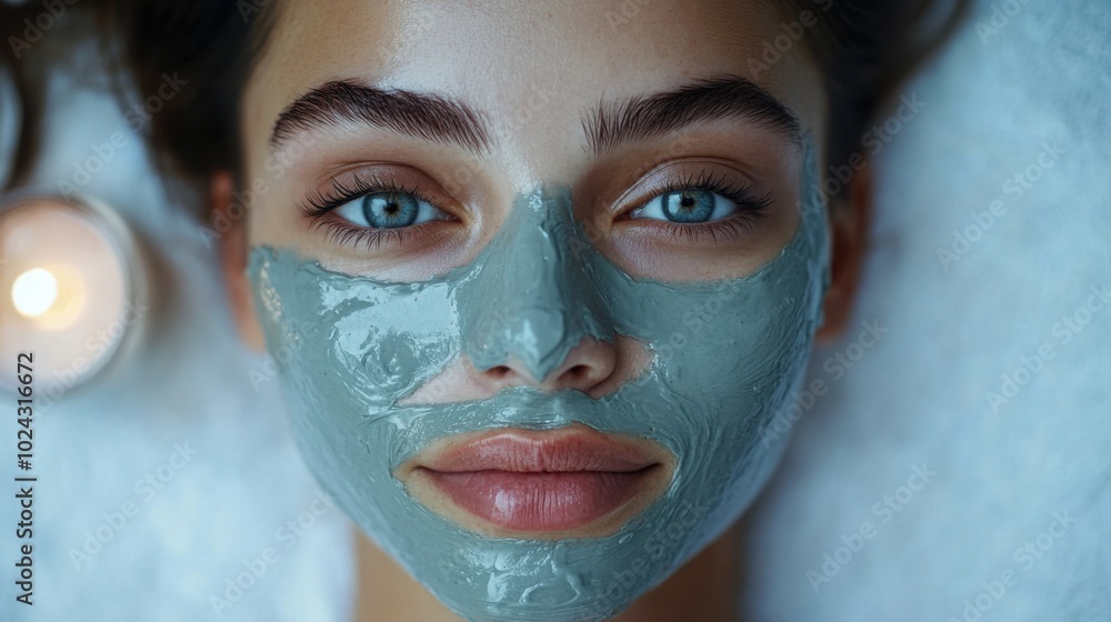Gray clay mask across nose and chin, cozy bedroom with soft lighting, lamp softly illuminating bedside table Gray clay mask across nose and chin, cozy bedroom with soft lighting, lamp softly illuminating bedside table
