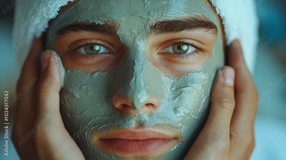 Fototapeta premium Man applying clay mask to cheeks, clean white background, soft towel visible, fresh glow, smooth and balanced composition.