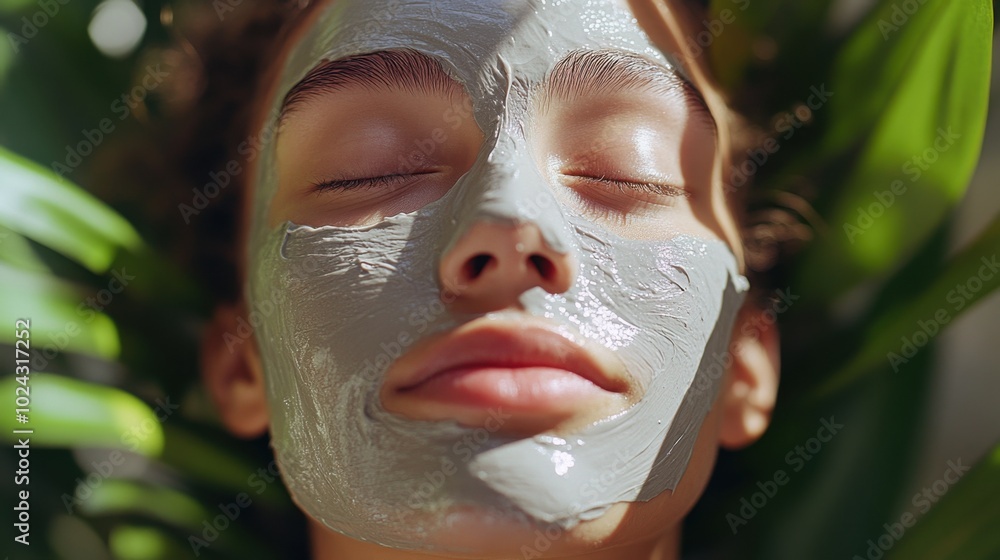 Pink clay mask spread over the face, garden with greenery behind, soft sunlight hitting face. Pink clay mask spread over the face, garden with greenery behind, soft sunlight hitting face.