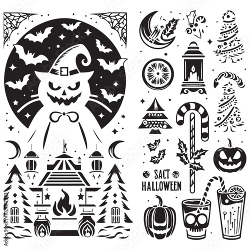  Halloween clip art assortment including jack-o'-lanterns, cobwebs, and playful ghosts for festive designs.