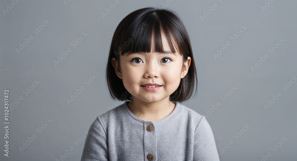 Child Asian girl with bright eyes and short straight hair curious light gray background Child Asian girl with bright eyes and short straight hair curious light gray background