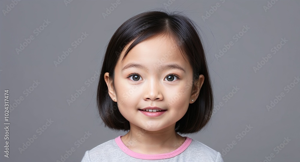 Child Asian girl with bright eyes and short straight hair curious light gray background Child Asian girl with bright eyes and short straight hair curious light gray background