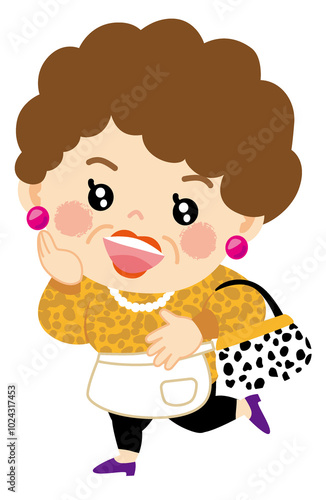 るんるんのおでかけする大阪のおばちゃんのイラスト全身