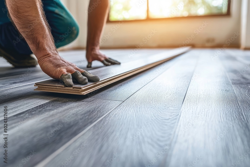 A worker lays down new flooring. This photo shows the process of installing laminate flooring, depicting a worker carefully placing a plank into position. A worker lays down new flooring. This photo shows the process of installing laminate flooring, depicting a worker carefully placing a plank into position.