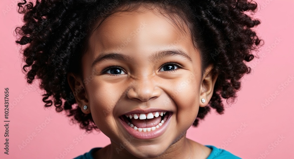 Child Black girl with high cheekbones and curly short hair thoughtful soft pink background Child Black girl with high cheekbones and curly short hair thoughtful soft pink background