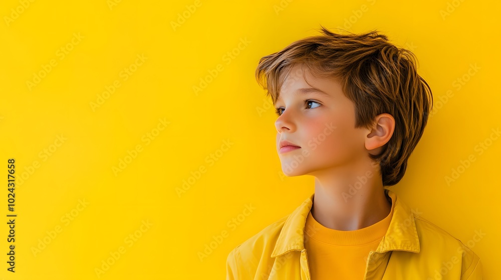 88. A boy with an expression of determination, focused on a task, against a bright yellow backdrop. 88. A boy with an expression of determination, focused on a task, against a bright yellow backdrop.