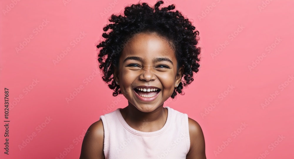 Child Black girl with high cheekbones and curly short hair thoughtful soft pink background Child Black girl with high cheekbones and curly short hair thoughtful soft pink background